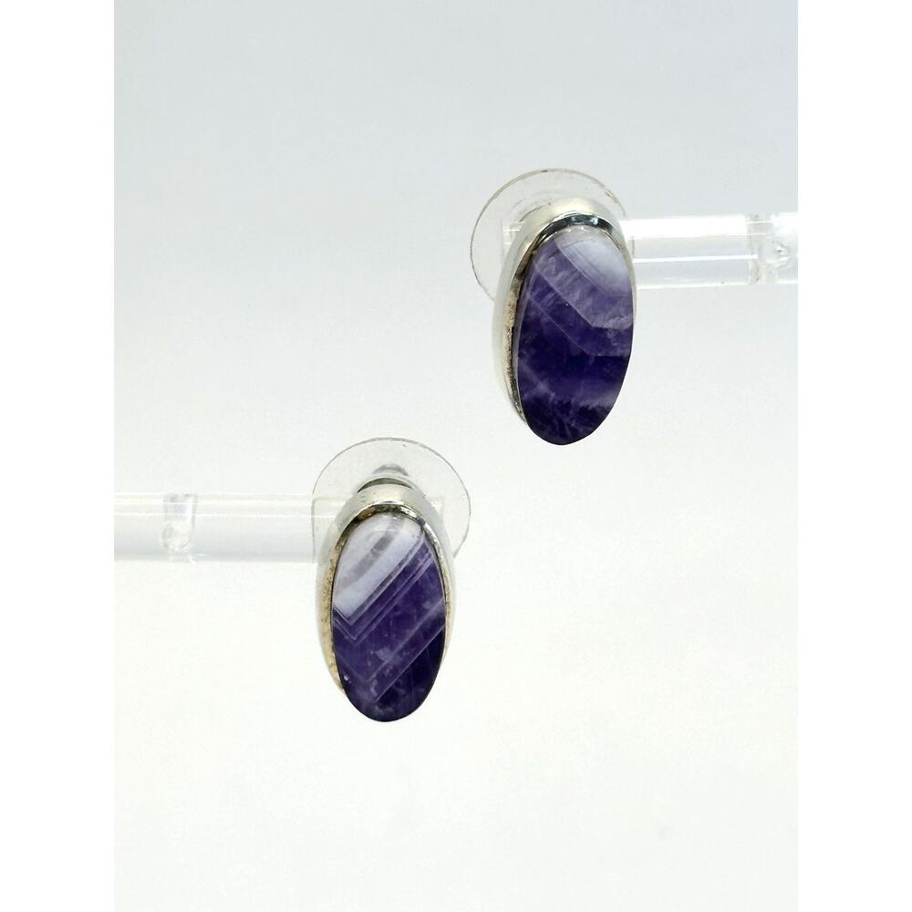 Vintage Chevron Amethyst Sterling Silver Oval Post Earrings .75 Inch